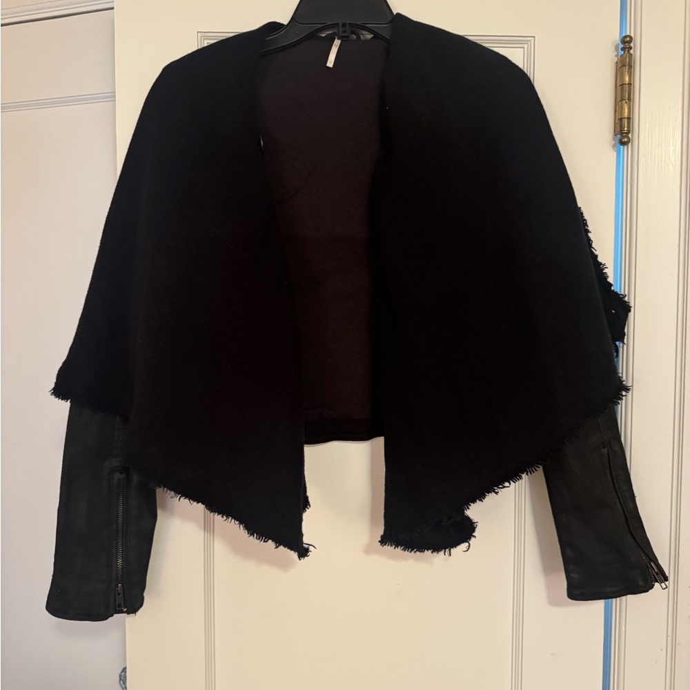 Free People Women's Black Jean Jacket with crochet material in center. - Picture 4 of 11